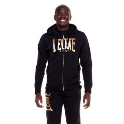 Męska bluza z kapturem i zamkiem błyskawicznym w kolorze złotym. Czarne bluzy męskie LEONE 1947 APPAREL, l, bez wzorów, z tkaniny, z kapturem, na fitness i siłownię. Za 309.00 zł.