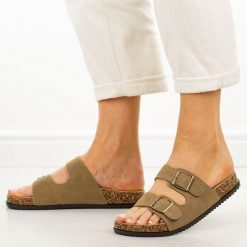 Khaki skórzane klapki damskie Potocki 30310. Brązowe klapki damskie POTOCKI, na lato, bez wzorów, z jeansu, casualowe, bez obcasa, na płaskiej podeszwie, bez zapięcia. Za 149.00 zł.