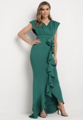 Zielona Asymetryczna Sukienka z Dekoltem V i Ozdobną Falbaną Efiola. Zielone sukienki damskie Born2be, na co dzień, m, bez wzorów, eleganckie, z asymetrycznym kołnierzem, bez ramiączek, maxi, asymetryczne. Za 169.99 zł.
