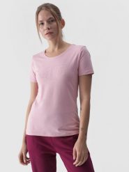 4F T-shirt slim z nadrukiem damski - różowy L. Czerwone t-shirty damskie 4F, l, bez wzorów, z bawełny, klasyczne, bez kołnierzyka, bez ramiączek. W wyprzedaży za 39.99 zł.