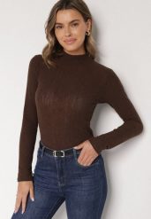 Brązowa Bluzka Longsleeve z Półgolfem z Półtransparentnej Tkaniny z Wiskozą Tuseana. Brązowe bluzki damskie Born2be, l, bez wzorów, z jeansu, biznesowe, bez kołnierzyka, bez ramiączek. Za 99.99 zł.