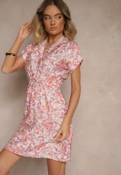 Różowa Sukienka Taliowana z Wiskozą i Ozdobnym Paskiem Delyase. Czerwone sukienki damskie Renee, na co dzień, l, bez wzorów, z wiskozy, eleganckie, bez kołnierzyka, bez ramiączek, mini, kopertowe. Za 54.99 zł.