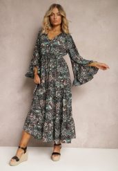 Czarno-Zielona Sukienka w Kwiatowy Print Rozkloszowana z Falbankami Airova. Czarne sukienki damskie Renee, na co dzień, na lato, l, bez wzorów, klasyczne, bez kołnierzyka, bez ramiączek, maxi, rozkloszowane. Za 79.99 zł.