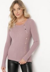 Jasnofioletowy Sweter Ozdobiony Metalowymi Napami Corettina. Fioletowe swetry nierozpinane damskie Born2be, m, z aplikacjami, z jeansu, wizytowe, bez kołnierzyka, bez ramiączek. Za 89.99 zł.