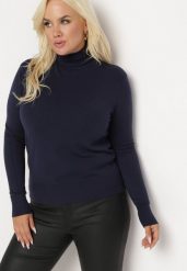 Granatowy Sweter z Golfem Sazerna. Niebieskie swetry nierozpinane damskie Born2be, l, bez wzorów, z dzianiny, bez kołnierzyka, bez ramiączek. Za 59.99 zł.