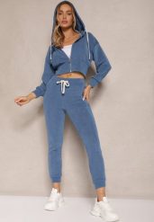 Niebieski Komplet Dresowy z Bawełny Bluza z Kapturem i Spodnie Slim Inerisa. Niebieskie bluzy damskie Renee, xl, z aplikacjami, z bawełny, eleganckie, bez ramiączek, z kapturem. Za 69.99 zł.