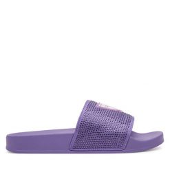 Klapki Guess. Fioletowe klapki damskie Guess, z aplikacjami, bez obcasa, bez zapięcia. Za 129.99 zł.