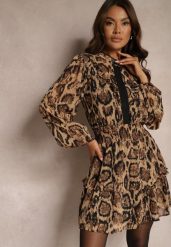 Brązowa Panterkowa Sukienka o Rozkloszowanym Kroju ze Stójką i Falbankami Labrette. Brązowe sukienki damskie Renee, na co dzień, l, bez wzorów, eleganckie, bez kołnierzyka, bez ramiączek, mini, kopertowe. Za 139.99 zł.