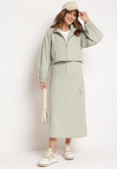 Miętowy Komplet Casualowy Bluza z Suwakiem i Stójką oraz Spódnica z Kieszeniami Hettora. Zielone bluzy damskie Born2be, l, bez wzorów, bez ramiączek, bez kaptura. Za 149.99 zł.