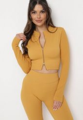 Żółta Krótka Bluza z Prążkowanego Materiału Zapinana na Suwaki Idendia. Żółte bluzy damskie Born2be, bez wzorów, z jeansu, sportowe, bez ramiączek, bez kaptura. Za 34.99 zł.