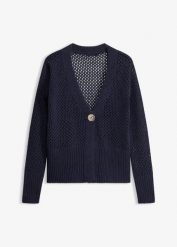 Kardigan ażurowy. Niebieskie kardigany damskie bonprix, w ażurowe wzory, bez kołnierzyka. Za 129.99 zł.