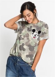T-shirt z motywem Myszki Miki. Zielone t-shirty damskie bonprix, z aplikacjami, z wiskozy, bez kołnierzyka, bez ramiączek. Za 119.99 zł.