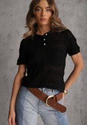 Czarna Wiskozowa Bluzka z Szydełkowym Wzorem Kołnierzykiem i Guzikami Lasthythia. Czarne bluzki damskie Renee, bez wzorów, z koronki, bez kołnierzyka, bez ramiączek. Za 99.99 zł.