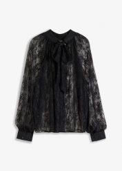 Delikatnie prześwitująca bluzka z koronki. Czarne bluzki damskie bonprix, bez wzorów, z koronki, eleganckie, bez kołnierzyka, bez ramiączek. Za 124.99 zł.