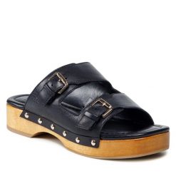 Klapki Dune London. Czarne klapki damskie Dune London, bez wzorów, bez obcasa, bez zapięcia. Za 419.99 zł.