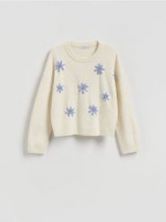 Sweter z aplikacjami 3D - wielobarwny. Swetry nierozpinane damskie Reserved, l, z aplikacjami, z dzianiny, bez kołnierzyka, bez ramiączek. Za 129.99 zł.