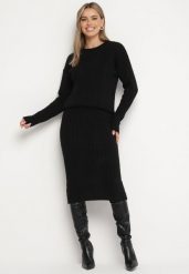 Czarny Komplet Dzianinowy Sweter i Ołówkowa Spódnica z Ozdobnym Splotem Sairens. Czarne swetry nierozpinane damskie Born2be, s, bez wzorów, z dzianiny, eleganckie, bez kołnierzyka, bez ramiączek. Za 109.99 zł.