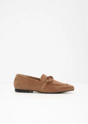 Loafersy ze skóry welurowej. Brązowe balerinki damskie bonprix, bez wzorów, ze skóry, bez obcasa, bez zapięcia. Za 149.99 zł.