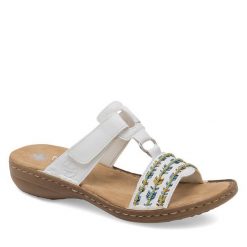 Klapki Rieker. Białe klapki damskie Rieker, bez wzorów, bez obcasa, bez zapięcia. Za 279.99 zł.