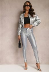 Srebrne Jeansy Push Up z Metalicznym Połyskiem Lireni. Szare jeansy damskie Renee, bez wzorów, z jeansu. Za 59.99 zł.