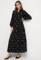 Czarna Sukienka z Wiskozy o Rozkloszowanym Kroju z Ozdobnym Haftem Nalariel. Czarne sukienki damskie Born2be, l, z aplikacjami, z jeansu, eleganckie, bez kołnierzyka, bez ramiączek, maxi, rozkloszowane. Za 139.99 zł.