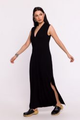 Czarna Długa Sukienka z Zakładką i Dekoltem bez Rękawa. Czarne sukienki damskie MOE, l, bez wzorów, z elastanu, bez kołnierzyka, bez ramiączek, maxi. Za 285.90 zł.