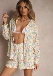 Beżowa Bawełniana Koszula w Kwiatowy Wzór Nilaira. Brązowe koszule damskie Renee, l, bez wzorów, z bawełny, eleganckie, bez kołnierzyka, bez ramiączek. Za 129.99 zł.