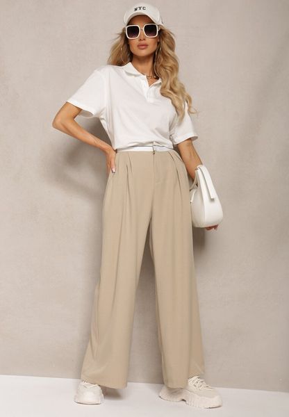 Beżowe Spodnie z Wiskozy Palazzo High Waist Zapinane na Suwak Nellieva. Brązowe spodnie materiałowe damskie Renee, bez wzorów, z jeansu, z podwyższonym stanem. Za 159.99 zł.