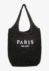 Czarna Torebka Shopper z Plecionką i Napisami Navessa. Czarne shopperki damskie Born2be, bez wzorów, bez dodatków. Za 99.99 zł.