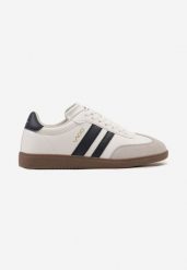 Biało-Granatowe Płaskie Klasyczne Buty Sportowe Sneakersy ze Sznurowaniem z Ozdobnym Noskiem i Paskami Timaela. Białe buty sportowe męskie Born2be, z aplikacjami, z jeansu, bez zapięcia. Za 99.99 zł.