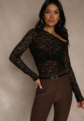 Czarna Bluzka Longsleeve z Koronki z Asymetrycznym Dekoltem Liwedisa. Czarne bluzki damskie Renee, l, bez wzorów, z koronki, z asymetrycznym kołnierzem, bez ramiączek. Za 109.99 zł.