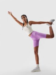 4F Legginsy kolarki treningowe z materiału z recyklingu damskie - fioletowe L. Fioletowe legginsy damskie 4F, l, bez wzorów, z dzianiny, z podwyższonym stanem, do biegania. Za 39.99 zł.