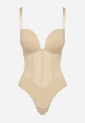 Beżowe Dopasowane Body z Siateczkowymi Zdobieniami Lunadriela. Brązowe body Born2be, z aplikacjami, z jeansu. Za 59.99 zł.