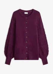Sweter rozpinany ażurowy. Fioletowe kardigany damskie bonprix, w ażurowe wzory, bez kołnierzyka. Za 129.99 zł.