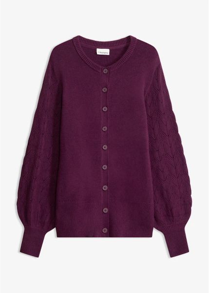 Sweter rozpinany ażurowy. Fioletowe kardigany damskie bonprix, w ażurowe wzory, bez kołnierzyka. Za 129.99 zł.
