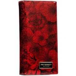 Czerwony, pionowy portfel damski w kwiaty skóra naturalna i ekologiczna RFID STOP Peterson. Czerwone portfele damskie Peterson, z lakierowanej skóry. Za 129.99 zł.