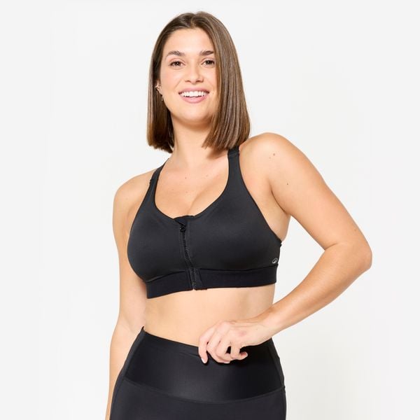 Stanik sportowy Domyos. Czarne koszulki sportowe damskie Decathlon, plus size, bez wzorów, z elastanu, bez ramiączek, na fitness i siłownię. Za 119.99 zł.