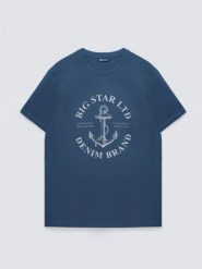 Koszulka męska z kontrastowym nadrukiem ciemnoniebieska Kartes 402. Niebieskie koszulki sportowe męskie BIG STAR, l, bez wzorów, z dzianiny, bez ramiączek. Za 79.99 zł.