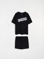 Dwuczęściowa piżama z dzianiny french terry - czarny. Czarne piżamy męskie Sinsay, l, bez wzorów, z dzianiny, bez kołnierzyka, bez ramiączek. Za 49.99 zł.