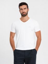 Męski t-shirt V-neck SLIM FIT z elastanem i printem – biały V2 OM-TSBC-0221 - XXL. Białe t-shirty męskie Ombre Clothing, l, bez wzorów, z bawełny, bez kołnierzyka, bez ramiączek. W wyprzedaży za 39.99 zł.