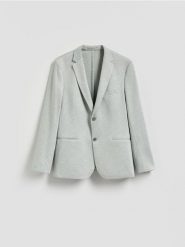 Marynarka slim fit z dodatkiem wiskozy - jasnozielony. Zielone marynarki męskie Reserved, l, bez wzorów, z dzianiny, bez kołnierzyka, bez ramiączek. Za 199.99 zł.