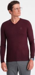 Ombre Elegancki sweter męski z dekoltem w serek - bordowy V13 OM-SWBS-0107 M. Czerwone swetry męskie Ombre, m, bez wzorów, eleganckie, bez kołnierzyka, bez ramiączek. Za 119.99 zł.