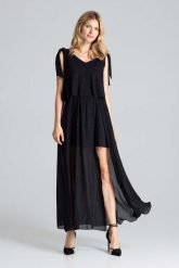 Czarna Warstwowa Maxi Sukienka Wiązana na Ramionach. Czarne sukienki damskie Figl, s, bez wzorów, z elastanu, wizytowe, bez kołnierzyka, bez ramiączek, maxi. Za 369.00 zł.