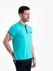 T-shirt męski henley ozdobnymi ściągaczami - turkusowy V7 OM-TSCT-0175 - XXL. Niebieskie t-shirty męskie Ombre Clothing, l, z aplikacjami, z elastanu, bez kołnierzyka, bez ramiączek. W wyprzedaży za 39.99 zł.