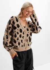 Sweter rozpinany w atrakcyjny wzór. Brązowe kardigany damskie bonprix, bez wzorów, bez kołnierzyka. Za 137.99 zł.