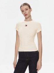 Tommy Jeans T-Shirt Badge DW0DW17881 Kremowy Slim Fit. Białe t-shirty damskie Tommy Jeans, l, bez wzorów, z bawełny, bez kołnierzyka, bez ramiączek. Za 119.99 zł.
