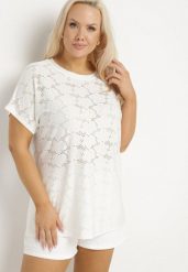 Biała Ażurowa Bluzka z Bawełną Clavienne. Białe bluzki damskie Born2be, plus size, w ażurowe wzory, z bawełny, eleganckie, bez kołnierzyka, plus size, bez ramiączek. Za 34.99 zł.