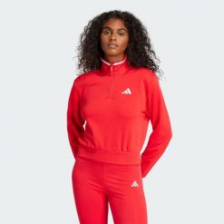 Bluza dresowa Essentials Color Pop French Terry Crop Quarter-Zip. Czarne bluzy damskie Adidas, m, bez wzorów, z dresówki, sportowe, bez ramiączek, bez kaptura. W wyprzedaży za 149.40 zł.