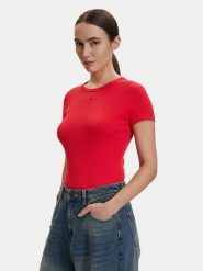 Tommy Hilfiger T-Shirt DW0DW17383 Czerwony Slim Fit. Czerwone t-shirty damskie Tommy Hilfiger, m, bez wzorów, z bawełny, bez kołnierzyka, bez ramiączek. Za 149.99 zł.