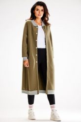 Długa Rozpinana Bluza ze Stójką - Khaki. Brązowe bluzy damskie Awama, l, bez wzorów, z bawełny, bez ramiączek, bez kaptura. Za 228.90 zł.